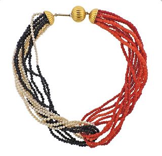 18K Gold Coral Onyx Pearl Multi Strand Necklace