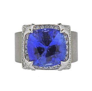 De la Cour 18k Gold Steel Diamond 12.65ct Sapphire Ring 