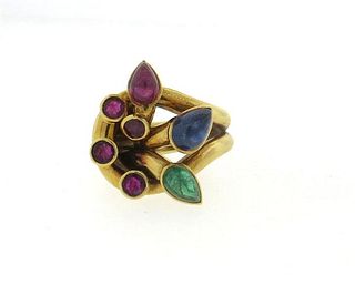 David Webb 18k Gold Ruby Emerald Sapphire Ring