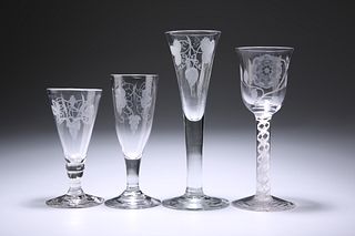 FOUR ALE OR WINE GLASSES
 Each with etched bowl a