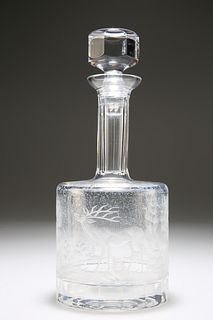 AN ETCHED GLASS MALLET-FORM DECANTER
 With facete