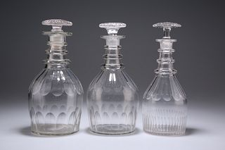 THREE 19TH CENTURY TRIPLE RING NECK GLASS DECANTE