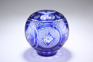 A LARGE BOHEMIAN BLUE OVERLAY GLASS VASE, ball-sh