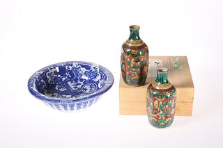 A JAPANESE BLUE AND WHITE BOWL, printed with a de