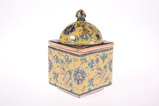 AN IZNIK POTTERY JAR AND COVER, square-section wi