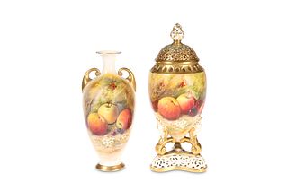 TWO ROYAL WORCESTER FRUIT PAINTED VASES, BY RICKE