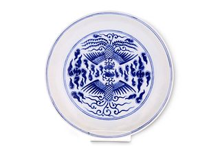 A CHINESE BLUE AND WHITE 'DOUBLE PHOENIX' DISH, d