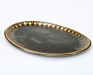 A LARGE VICTORIAN TOLEWARE TRAY, oval with gilded