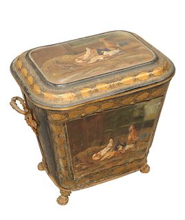 A GOOD 19TH CENTURY TOLEWARE COAL BIN, painted to