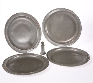 FOUR LATE 18TH CENTURY PEWTER PLATES, together wi