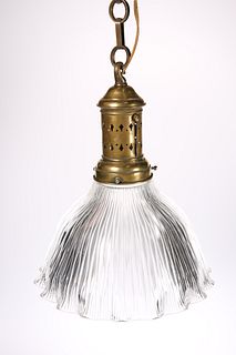 A DUTCH BRASS AND MOULDED GLASS HANGING LIGHT, CI