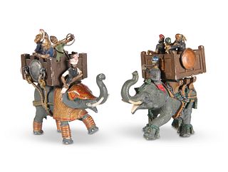 TWO PAINTED LEAD MODELS OF WAR ELEPHANTS, each mo