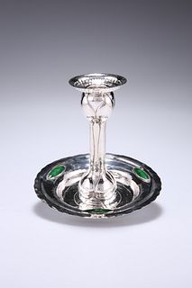 AN ARTS AND CRAFTS SILVER AND ENAMEL CHAMBERSTICK