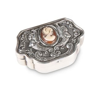 A CONTINENTAL SILVER AND CAMEO BOX, the hinged co