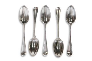 FIVE 18TH CENTURY SILVER DESSERT SPOONS, marks in