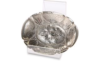 A CONTINENTAL SILVER OVAL DISH, embossed to the w