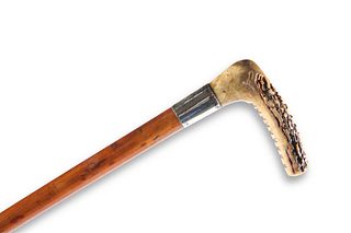 A VICTORIAN SILVER-COLLARED, ANTLER-HANDLED AND M