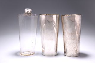 AN INDIAN COLONIAL GLASS SPIRIT FLASK AND TWO SIL
