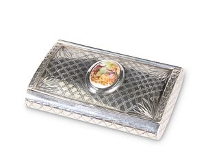 A CONTINENTAL SILVER AND PORCELAIN SNUFF BOX, of 