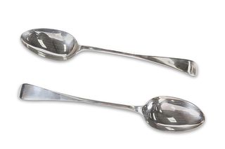 A PAIR OF VICTORIAN HEAVY SILVER BASTING SPOONS, 
