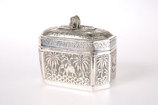 AN INDIAN SILVER CADDY
 Of canted rectangular sha