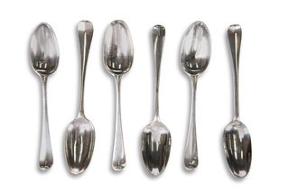 SIX 18TH CENTURY SILVER DESSERT SPOONS, marks ind
