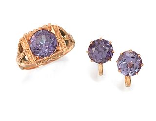 A RING AND PAIR OF EARRINGS, the ring with square