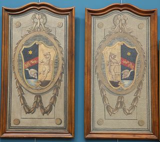A PAIR OF WALNUT FRAMED HATCHMENTS. 133cm by 71cm
