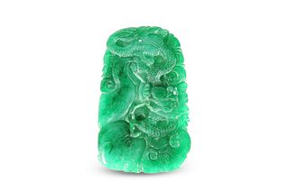 A CHINESE JADE PENDANT, rectangular, carved with 