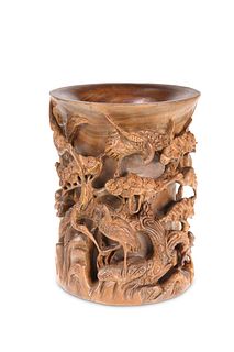 A LARGE CHINESE CARVED HARDWOOD BRUSH POT, the su
