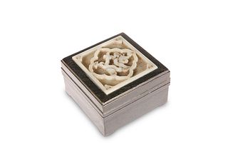 A CHINESE HARDWOOD BOX WITH JADE INSET COVER, squ