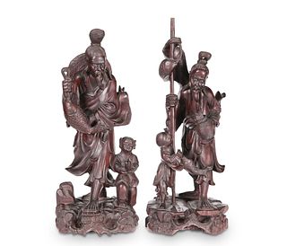TWO CHINESE CARVED REDWOOD FIGURE GROUPS, LATE 19