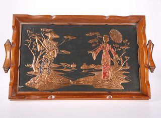 A CHINOISERIE TEAK AND COPPER TRAY, the glass top