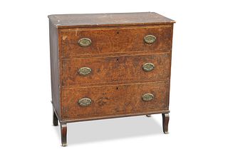 AN 18TH CENTURY BURR ELM CHEST OF DRAWERS, the wa