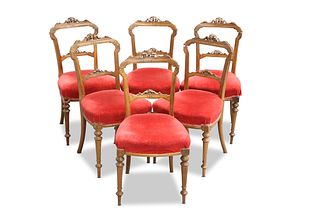 A SET OF SIX VICTORIAN WALNUT PARLOUR CHAIRS, eac