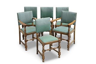 A SET OF SIX OAK AND UPHOLSTERED DINING CHAIRS, i