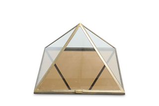 A CONTEMPORARY GLASS AND METAL VITRINE, of pyrami