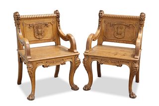 A PAIR OF FINE QUALITY CARVED OAK ARMCHAIRS, LAST