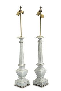 A PAIR OF GREY MARBLE TABLE LAMPS, of columnar fo