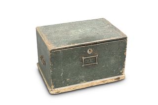 A 19TH CENTURY GREEN PAINTED BOX, with carrying h