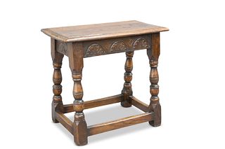A 17TH CENTURY STYLE OAK JOINT STOOL, with moulde