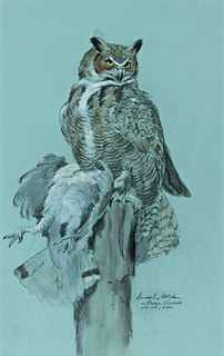 Donald L. Malick (1929-1986) Great Horned Owl with Grouse (Study) 