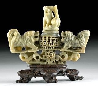 19th C. Chinese Soapstone Openwork Lidded Vessel Lions