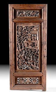 19th C. Chinese Carved Wood Panel w/ Battle