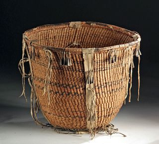 19th C. Apache Woven Burden Basket w/ Tin Cones