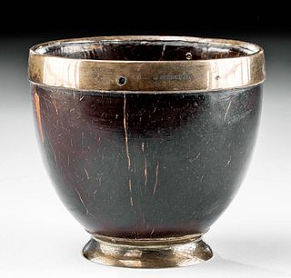 19th C. Polynesian Coconut Cup w/ Sterling Silver Bands
