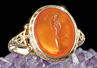 Neoclassical 14K Gold Ring Carnelian Intaglio of Hermes