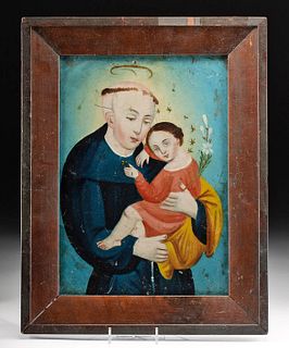 Framed 19th C. Mexican Retablo - St. Anthony of Padua