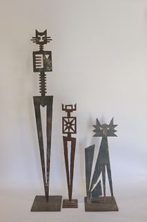 3 Stuart Kraft Signed Iron Cat Sculptures