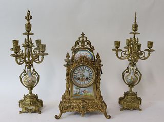 Sevres Style Gilt Bronze Clock Garniture Set